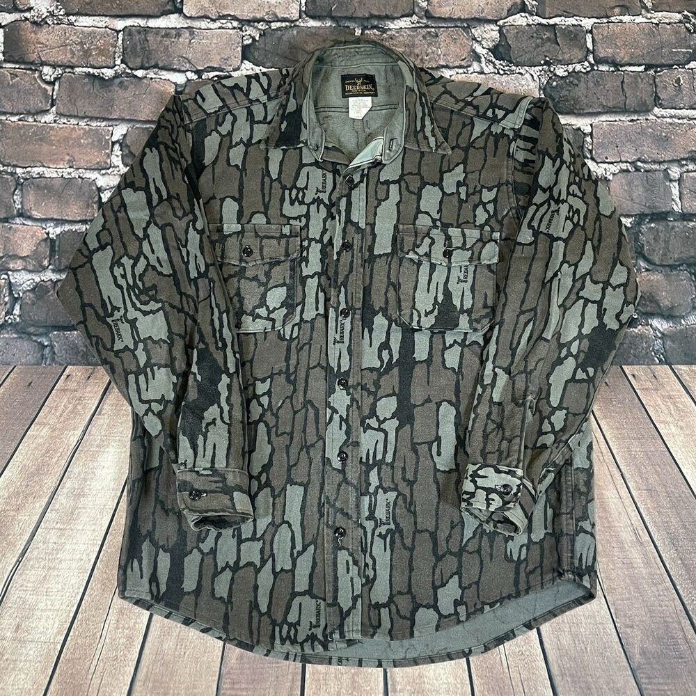 Vintage Melton Deerskin Shirt Mens Large TreBark Camo Chamois Hunting Pockets